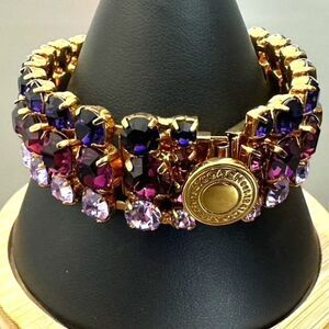 Coach 3 Row Purple Rhinestone Crystal Fancy Statement Bling Bracelet 7"